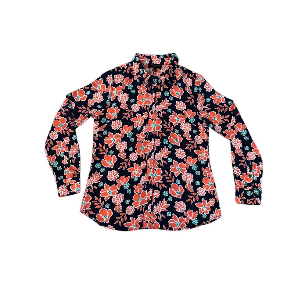 Banana Republic Classic Fit Navy Floral Print Button Up Shirt Women Size S